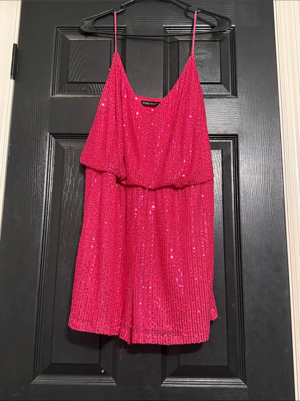 Sequin Spaghetti-Strap Romper in Hot Pink